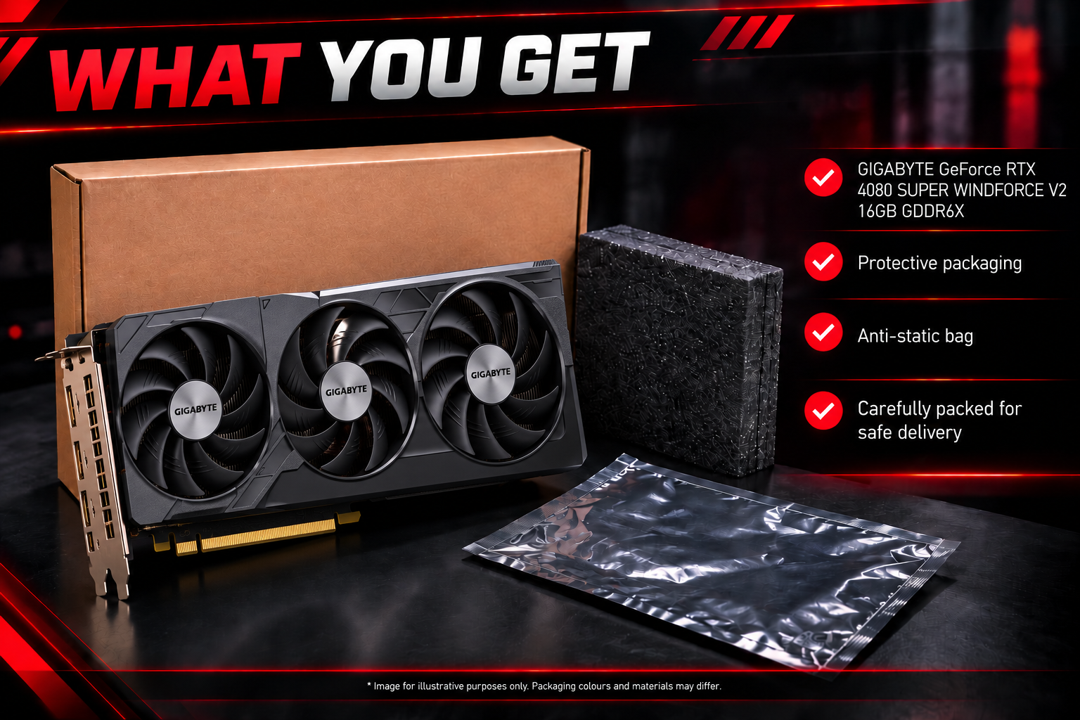 What you get: Gigabyte GeForce RTX 4080 SUPER WINDFORCE V2 16G (GV-N408SWF3V2-16GD rev. 1.0) 16GB GDDR6X, protective packaging and anti-static bag, carefully packed for delivery